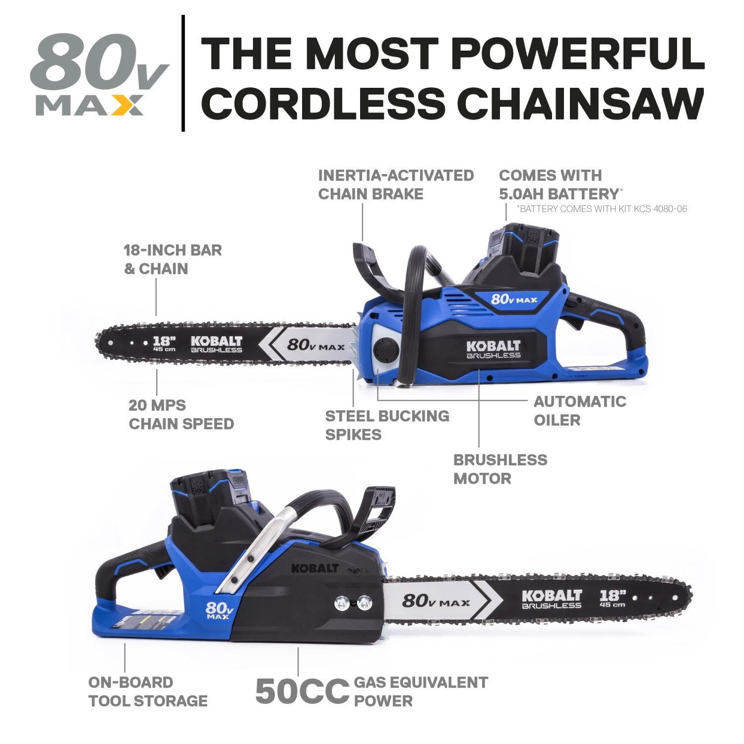 Kobalt Cordless Electric Chainsaws 80-Volt Max 18-in Brushless Cordless Electric Chainsaw 5 Ah (Battery & Charger Included) 4 Kobalt Cordless Electric Chainsaws 80-Volt Max 18-in Brushless Cordless Electric Chainsaw 5 Ah (Battery & Charger Included) - Image 2