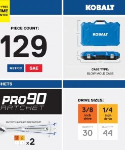 Kobalt Mechanics Tool Sets 129-Piece Standard (SAE) and Metric Combination Polished Chrome Mechanics Tool Set (1/4-in; 3/8-in) -Kobalt Outlet Store 17783413 scaled